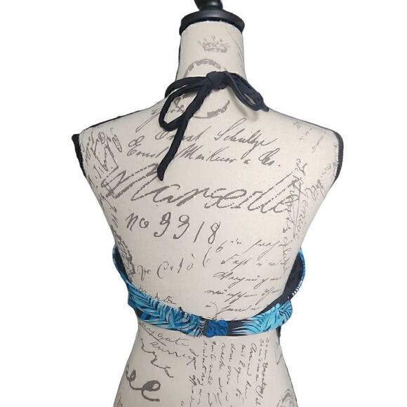 Time & Tru Ladies Size Large Blue Black Palm Print Halter Bikini Top - Picture 2 of 6